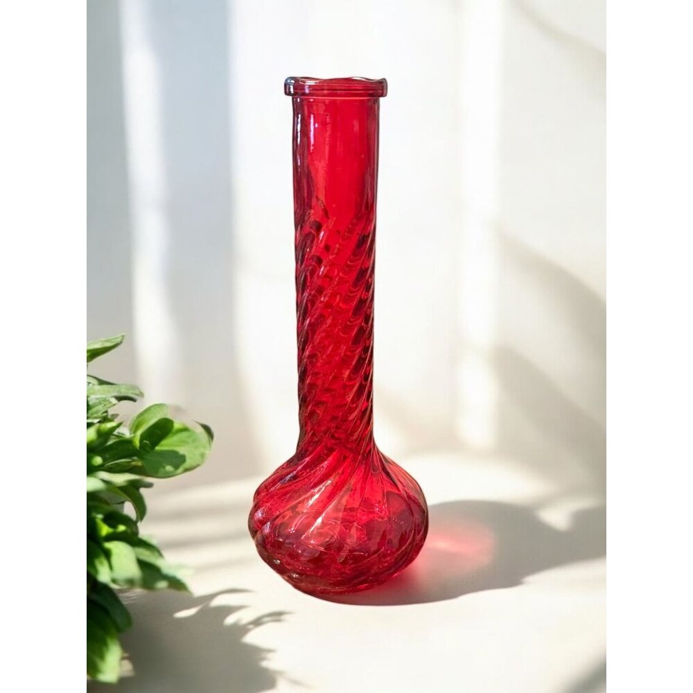 Vintage Ruby Red Glass Bud Vase With Swirl Design